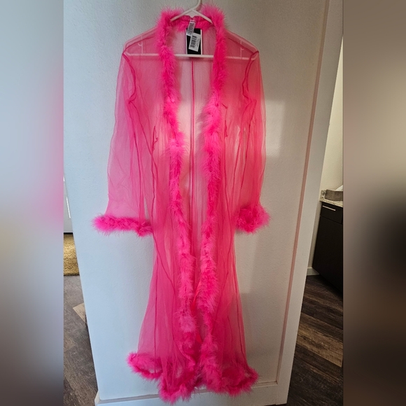 NWT Be Wicked Hot Pink Feather Trim Robe - Picture 5 of 10